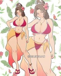 bare_shoulders bikini blush bracelet breasts brown_eyes brown_hair celebelian cleavage closed_mouth collarbone fatal_fury female flip-flops flower hair_flower hair_ornament high_ponytail highres jewelry king_of_fighters large_breasts legs long_hair mai_shiranui navel necklace ponytail red_bikini sandals sarong see-through_clothes see-through_sarong shiranui_mai smile snk solo stomach swimsuit yellow_sarong