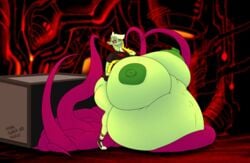 alien belly big_belly big_breasts box breasts clothing dunennite female footwear green_skin hair huge_breasts humanoid hyper hyper_belly hyper_breasts legwear lord_dominator nipples red_eyes shoes skirt skullman777 socks solo tentacle text wander_over_yonder white_hair