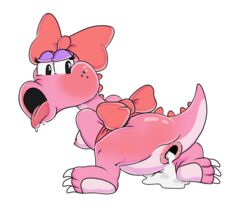 1girls after_sex anus birdo blush bow breast breasts cum cum_in_ass dinosaur drooling feet female female_only freckles gaping gaping_anus leaking_anus leaking_cum looking_back mario_(series) nintendo nipple nipples no_humans pink_skin plaguetyranno reptile solo tail tied_arms tied_up tongue tongue_out transparent_background