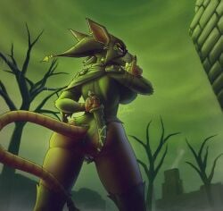 4_fingers ass back_muscles big_breasts big_butt breasts claws cloak clothing dagger dead_tree detailed_background ear_piercing female fingers fog fur genitals glowing glowing_eyes glowing_jewelry glowing_teeth glowing_weapon green_glow green_sky grey_body grey_fur headgear headwear hi_res holding_dagger holding_melee_weapon holding_object holding_object_behind_back holding_weapon hood jewelry leather leather_strap looking_at_viewer looking_back looking_down lordflawn low-angle_view mammal melee_weapon nipples outside piercing plant pubes rear_view rodent ruins shoulder_armor shush signature skaven sky smoke stone_wall straps teeth tree vulva wall_(structure) warhammer_(franchise) weapon