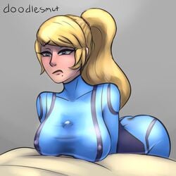 ass blonde blonde_hair blue_eyes bodysuit breasts cum cum_between_breasts cum_in_clothes cum_through_clothes cum_through_clothing cum_under_clothes doodlesmut erect_nipples frown metroid nintendo outercourse paizuri paizuri_under_clothes pout samus_aran skin_tight tagme zero_suit zero_suit_samus