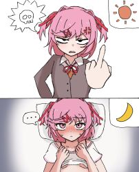 ... 2_panel_comic 2b_enpituu 2koma anger_vein blush blush_lines blushing boobs breasts casual_clothes clothes clothing comic doki_doki_literature_club female flipping_off flipping_the_bird flipping_viewer_off looking_at_viewer middle_finger moon natsuki_(doki_doki_literature_club) pillow pink_eyes pink_hair school_uniform skull sun text_bubble underboob