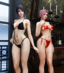 2girls 3d alluring bare_legs begs3 big_breasts bikini black_and_blue_hair blue_eyes breasts brown_eyes dead_or_alive dead_or_alive_xtreme_venus_vacation elise_(doa) female pin_up pink_hair shandy_(doa) tecmo