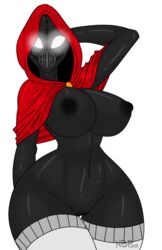 2018 absurd_res alpha_channel big_breasts black_body breasts clothing female glowing glowing_eyes hi_res hood huge_breasts humanoid legwear looking_at_viewer mammal mask meh-chan_(lamoz571) navel nightmarebearpuff nipples nude pussy rubber shiny signature simple_background solo standing stitches stockings thick_thighs thigh_highs transparent_background voluptuous wide_hips