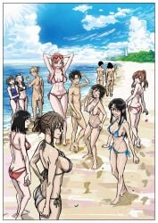 absurdres asai_akira bare_shoulders barefoot beach bikini blue_bikini breasts cfnm clothed_female_nude_male glasses highres large_breasts one-piece_swimsuit ponytail reiquant sand shirakawa_kiyosumi sideboob sun swimsuit tall_female uguisu_anko yamori_kou yofukashi_no_uta