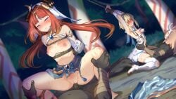 2boys 2girls aqua_eyes arms_behind_back arms_up barefoot blonde_hair blue_nails blunt_bangs blurry blush bondage bound bound_arms bound_torso bound_wrists breasts breasts_out bruise censored closed_eyes commentary_request cowgirl_position depth_of_field dutch_angle empty_eyes fake_horns genshin_impact grass group_sex highres hilichurl_(genshin_impact) hilichurls_(species) horns implied_sex injury interspecies leg_grab long_hair lumine_(genshin_impact) mask mild_(trmsasasa) monster mosaic_censoring multiple_boys multiple_girls nail_polish night nilou_(genshin_impact) nipples no_eyes nude orange_hair orgy outdoors paid_reward_available partial_commentary penis pillar rape restrained rope scared sex skirt small_breasts spread_legs squatting_cowgirl_position straddling straight tears toenail_polish toenails torso_grab tree unworn_skirt vaginal_penetration veil