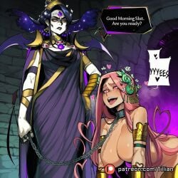 2girls ai_generated all_fours aphrodite aphrodite_(hades) armlet black_hair black_lips blush breasts chain_leash chained chains cleavage collar dress english_text femdom flower hades_(game) hades_2 hair_flower hair_ornament heart heart-shaped_pupils holding_leash jewelry large_breasts leash long_hair makeup multiple_girls nipples nude nyx_(hades) open_mouth patreon_logo patreon_username pink_eyes pink_hair smile speech_bubble symbol-shaped_pupils tail teeth tillian tongue tongue_out yellow_eyes yuri