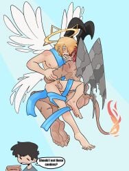 4_wings absurd_res angel angel_humanoid ass back_wings balls blonde_hair curved_horn demon demon_humanoid dialogue dot_eyes duo_focus english_text feathered_wings feathers feet fire flaccid flaming_tail foreskin genitals group hair hair_over_eye half-closed_eyes halo hi_res horn human humanoid humanoid_feet humanoid_genitalia humanoid_penis humanoid_pointy_ears male mammal membrane_(anatomy) membranous_wings multi_wing narrowed_eyes penis plantigrade pointy_ears red_hair scar scars_all_over simple_eyes smile speech_bubble tail text wings xing1