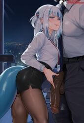 1boy ai_generated alternate_breast_size ass balls bangs black_pantyhose black_skirt blue_eyes blue_hair blunt_bangs blush breasts brown_pantyhose business_suit clothing collared_shirt dark-skinned_male dark_skin dress_shirt duxvector erection female fins fish_tail flaccid formal gawr_gura gawr_gura_ch. grey_hair grin hair_ornament height_difference hololive hololive_english huge_cock id_card interracial lanyard large_penis lipstick long_hair long_sleeves looking_at_viewer makeup male male_pubic_hair miniskirt multicolored_hair muscular muscular_male necktie netorare night ntr office office_lady pants pantyhose pencil_skirt penis penis_out piercing shark_girl shark_tail sharp_teeth shirt size_difference skirt skirt_suit smile solo_focus standing straight streaked_hair suit tail teeth testicles thighs two-tone_hair two_side_up veins veiny_penis very_dark_skin virtual_youtuber white_hair white_shirt