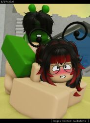 1boy 1girls 3d alien alien_boy antennae backshots baronaces black_hair blush collaboration eyes_covered female green_skin gritted_teeth huge_ass jack-o_pose ladybug male roblox roblox_avatar roblox_studio robloxian self_upload tagme thick_thighs