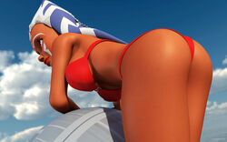 1girls 2014 3d ahsoka_tano alien alien_girl artist_name back_view bare_shoulders bent_over big_breasts bikini bikini_bottom bikini_top blue_eyes busty clone_wars curvy day death_star_beach_ball detailed_background eyelashes female female_only hourglass_figure humanoid jedi jedi_padawan kondaspeter mammal marking midriff orange_skin outdoor outside pose posing shadow shiny shiny_skin solo standing star_wars swimsuit thong togruta voluptuous wide_hips