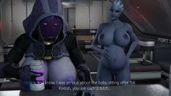 2girls 3d aftermath alien alien_girl asari blender blue_skin breasts cuckquean drinking female liara_t'soni masked_female mass_effect massive_breasts nipples no_sex nude plvgueart pregnant pregnant_female quarian sad smug smug_grin tali'zorah_nar_rayya taunting teasing text