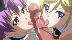 1boy 2girls animated bed blonde_hair blue_eyes blush collaborative_fellatio fellatio green_eyes kanojo_x_kanojo_x_kanojo licking licking_penis maid_headdress multiple_fellatio multiple_girls oral orifushi_mafuyu orifushi_natsumi penis penis_lick purple_hair shiki_haruomi short_hair siblings sisters teamwork tongue uncensored