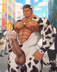 bara bara_tiddies bara_tits big_areola big_pecs bovine cow_ears cow_horns cow_print cowbell cum cumming dark-skinned_male exhibitionism gay gay_male gay_sex male male_lactation male_only masturbation milk milking muscles muscular muscular_male nipple_piercing nipples penis pierced_nipples piercing toto_(artist) touching_penis