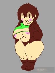 =) anonymous_artist big_breasts boots breasts brown_hair brown_jacket chara chara_(mochikirb_style) chara_(undertale) female female_chara full_body green_sweater messy_hair nipples nipples_visible_through_clothing panties pink_nipples simple_background smile smiling_at_viewer storyshift storyshift_(igorsantusa's_take) storyshift_chara storyshift_chara(igorsantusa's_take) thick_ass thick_thighs underboob_sweater undertale undertale_(series)