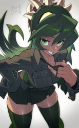 1girls breast_pocket breasts cleavage clothes_grab collarbone eyeshadow female fukua_(skullgirls) green_eyes green_hair green_lips grey_background grin hand_on_own_hip hata4564 highres large_breasts leaning_forward lhata4564 lipstick long_hair looking_at_viewer looking_up makeup naughty_face necktie necktie_grab neckwear_grab pleated_skirt pocket school_uniform shirt_tug skirt skullgirls smile solo sweat teasing thighhighs