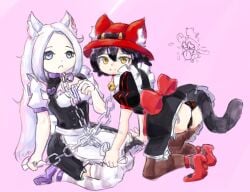 2girls affection anthro black_hair bow catgirl chains chibi collar duo fibi_ch_(twitch) hat heart_accessory holding_hands kneeling kuper562 kuper_(oc) maid maid_headdress maid_uniform nekopara oc on_knees original_character panties pet pet_play pink_background red_boots red_eyes simple_background smile smiling stockings stylized tail thighs tongue tongue_out vanilla_(sayori) white_hair zamn!
