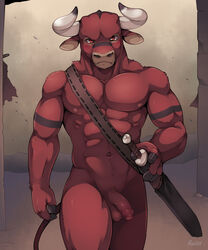 abs anthro armband_tattoo balls blush bovine cattle fur half-erect hi_res hooved_fingers horn looking_at_viewer male male_only mammal melee_weapon muscular muscular_male navel nipples nude outside penis red_eyes scabbard solo standing sword tattoo uncut unrealplace weapon