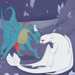 2019 2_horns animal_genitalia animal_penis back_wings cave claws dragon dragoviir dreamworks duo erection european_mythology eye_contact female feral fuf fury_(httyd) genitals grey_body hi_res horn how_to_train_your_dragon hypnosis hypnotic_eyes inside knot light_fury looking_at_another male markings membrane_(anatomy) membranous_wings mind_control mythological_creature mythological_scalie mythology nubless open_mouth penis quadruped red_eyes red_markings scalie spiral spiral_eyes standing teeth tongue western_dragon white_body wings