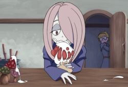 2girls animated caught cum cum_in_mouth desk door fellatio glasses little_witch_academia lotte_yansson multiple_girls mushroom oral penis sexually_suggestive sucking sucy_manbavaran vinegarjar watching