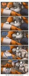 absurd_res alphonse_(james_howard) anthro ball_sniffing balls canid canine canis clothing comic dialogue domestic_cat domestic_dog felid feline felis female genitals group hi_res james_howard jill_(james_howard) male male/female male/male mammal patreon richard_(james_howard) sniffing sniffing_clothes spray_bottle trio wolf