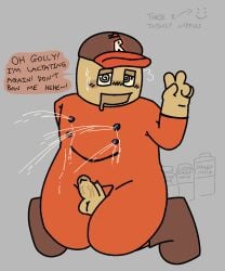 1boy 4_nipples absurd_res anonymous_artist balls baseball_cap black_nipples bodily_fluids boots brown_boots brown_cap brown_footwear brown_hat cap clothed clothes clothing cock cock_out container dark_nipples dialogue dick drool drooling english english_dialogue fly_open flying_sweatdrops footwear free_schlep genitalia genitals gray_background grey_background hand_sign hat headwear hi_res hires jumpsuit lactating lactating_nipples lactation lidded_eyes male male_lactation male_nipples male_only milk milk_squirt nipples only_male open_fly open_mouth orange_jumpsuit peace_sign penis penis_out penis_out_of_pants plain_background png rage_bait ragebait real_person roblox roblox_avatar robloxian schlep shitpost simple_background solo solo_male spiral_eyes spiral_pupils sweat sweatdrop sweating testicles unusual_anatomy veiny_penis video_games weird what why wtf youtuber