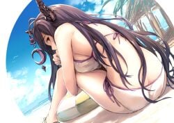 akita_hika alternative_costume animal ass bad_twitter_id bare_arms bare_legs bare_shoulders beach bikini bikini_bottom bird black_hair blue_sky bra breasts clothing cloud crescent danua danua_(summer)_(granblue_fantasy) day draph_race_(granblue_fantasy) female footwear from_behind granblue_fantasy hika_(hikara) horizon horn_ornament horns in_profile innertube large_breasts leaning_forward legs light_skin lingerie long_hair looking_at_viewer looking_back medium_breasts no_legwear ocean official_alternative_costume outdoors pantsu posterior_cleavage purple_eyes purple_ribbon ribbon sand sandals side-tie_bikini side-tie_bikini_bottom side-tie_clothing side-tie_swimsuit sideboob sitting sky solo summer swimsuit underwear very_long_hair water white_bikini white_bra white_outfit white_panties white_swimsuit white_underwear