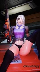 big_breasts big_breasts blender clothed ear_piece fortnite fortnite:_battle_royale g-string gun gushleyy headset holding_gun lingerie lingerie_panties oily onyx_winter_(fortnite) purple_clothing pussy smiling smiling_at_viewer stockings vagina wet wet_body white_hair