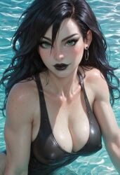 1girls ai_generated assertive_female athletic_female big_breasts black_hair black_lips black_lipstick cleavage curvaceous curvaceous_body curves curvy curvy_body curvy_female curvy_figure earrings female female_only femdom fit fit_female freckles green_eyes heroineshowcase hourglass_figure kim_possible muscle_girl muscular muscular_arms muscular_female nipple_bulge nipples_visible_through_clothing pale-skinned_female pale_skin pokies pool poolside shego sweat sweating sweaty swimsuit thick thick_legs thick_thighs voluptuous voluptuous_female water wet wet_body wet_hair wet_skin