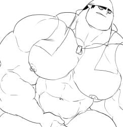 1boy bara biffy_goldstein detentionaire dog_tags gay jacket male male_only monochrome muscular necklace nipple_piercing nipples penis piercing remert solo yaoi