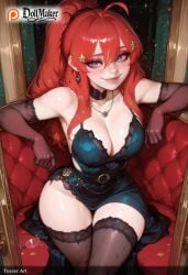 ahoge ai_generated alcohol armchair artist_name bangs bare_shoulders black_gloves black_legwear blue_dress blue_eyes blue_gloves blush breasts chair christmas_tree cleavage collarbone couch cup dollmaker dollmaker_(artist) dress elbow_gloves female gloves hair_between_eyes hair_ornament jewelry large_breasts light_particles long_hair looking_at_viewer on_couch patreon_logo patreon_username red_hair sitting smile solo star_(symbol) star_earrings star_hair_ornament star_necklace tagme thick_thighs thighhighs thighs watermark web_address