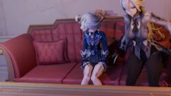 2girls 3d 3d_animation arlecchino_(genshin_impact) before_sex clothed dress female female_focus female_only femdom furina_(genshin_impact) genshin_impact gentle_femdom kissing lesbian_domination luxuryart sofa tagme taller_girl teasing video yuri