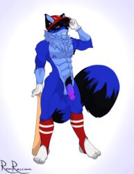 anthro balls baseball_(disambiguation) baseball_cap cel_shading clothing gloves hair hat hi_res legwear looking_at_viewer male male_only mammal mostly_nude muscular muscular_male nipple_piercing nipples penis piercing pose procyonid pubes raccoon remiraccoon showing smile smirk socks solo sport