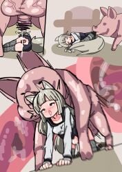 1boy 1girls ahe_gao all_fours animal_ears animal_genitalia animal_penis animal_tail balls bar_censor big_balls breasts censor_bar censored censored_penis closed_eyes clothed clothed_female clothing doggy_style female huge_balls huge_testicles long_hair looking_at_viewer lying male male/female medium_breasts myuri_(spice_and_wolf) penis pig pig_ears pig_penis pointy_ears red_eyes school_uniform schoolgirl schoolgirl_uniform seiranaichi sex sleeping spice_and_wolf testicles tongue tongue_out twintails x-ray zoophilia