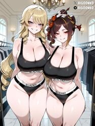 2girls ai_generated aigoonko blacked blacked_clothing blonde_hair blue_eyes breasts brown_hair chiori_(genshin_impact) female genshin_impact grin huge_breasts light-skinned_female looking_at_viewer navia_(genshin_impact) red_eyes smile sports_bra tagme thick_ass thick_thighs underwear