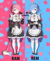 2girls apron black_footwear black_ribbon blue_eyes blue_hair bow breasts broom cleavage club_(shape) cup detached_sleeves dress female food frilled_sleeves frills hair_ornament hair_over_one_eye hair_ribbon holding holding_broom holding_plate holding_tray looking_at_viewer maid maid_headdress mary_janes medium_breasts mop mr1thonk multiple_girls original pantyhose pink_eyes pink_hair pink_ribbon plate ram_(re:zero) re:zero_kara_hajimeru_isekai_seikatsu red_eyes rem_(re:zero) ribbon roswaal_mansion_maid_uniform shoes short_hair siblings sisters spade_(shape) standing tea tea_set teacup teapot tray twin twins underbust waist_apron x_hair_ornament