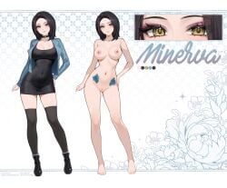 absurdres black_boots black_dress black_hair black_socks blue_flower blue_jacket blue_rose boots breasts choker commission commissioner_upload dress eyeshadow female flower hazel_eyes helloimtea highres jacket large_breasts makeup non-web_source original pussy reference_sheet rose socks solo stomach_tattoo tattoo