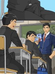 3boys algebra big_bulge black_hair blackboard blush brown_eyes bulge bulge_through_clothing chalkboard chalkboard_writing classroom embarrassed erection erection_under_clothes fully_clothed gakuran gay grey_eyes hi_res imokuma male male_only math math_teacher mathematics mathematics_teacher mature_male necktie original original_character school school_chair school_desk school_uniform short_hair sitting standing student sweat sweatdrop teacher teacher_and_student textbook yaoi zoom_in