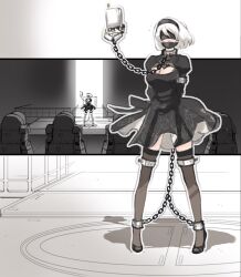 ankle_cuffs arms_behind_back blindfold bondage chain_leash chains cleavage gag heartgear high_heels human_artist lace metal_collar nier:_automata no_ai restrained source_request stockings sweatdrop tagme white_hair yorha_2b