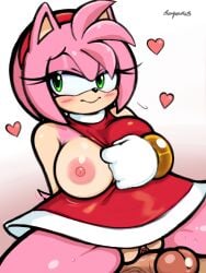1boy 1girls amy_rose blush bonyungus breast_out breast_slip breasts clitoris cum dress female gloves grinding grinding_on_penis hairband male nipples no_panties penis pussy sonic_(series) thighs