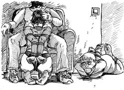 2boys arms_behind_back bondage captured fellatio female forced_exposure forced_to_watch gag gay gay_domination implied_fellatio implied_oral jomsviking kneeling male male_and_female_subs malesub monochrome multiple_subs rope sketch submissive_male