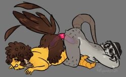 5_fingers american_opossum american_opossum_humanoid andromorph_(lore) animal_humanoid ass_up avian avian_humanoid bird bird_humanoid blue_eyes brown_body brown_feathers chance_(forsaken) chicken_humanoid cloacal cloacal_penetration clothing curly_hair dildo dildo_in_cloaca double_dildo duo eyewear eyewear_only feathers fedora feet fingers folfspenders forsaken_(roblox) fur galliform galliform_humanoid genitals glasses glasses_only glistening glistening_body glistening_feathers grey_background grey_body grey_fur grey_skin hair hat head_wings headgear headwear humanoid long_tail male male/male mammal mammal_humanoid marsupial marsupial_humanoid nonbinary_(lore) nude penetration penis sex_toy sex_toy_in_cloaca sex_toy_insertion shedletsky_(forsaken) simple_background smile tail talons toes trans_(lore) unusual_wing_placement wearing_glasses wings yellow_body yellow_skin