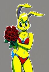 ai_generated female female_only furry holding_flower jazz_jackrabbit_(series) lori_jackrabbit red_bikini red_flower red_rose rose self_upload