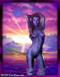 1990s 1990s_(style) 1999 1girls blue_skin breasts breasts_apart copyright_symbol eroszona female female_only long_hair mountainous_horizon nude nude_female outdoors sagemonn scales solo twilight wading