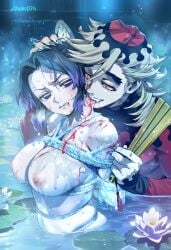 absurdres animal_print black_hair bondage bondage bondage bound bound_arms breast_bondage bug butterfly butterfly_hair_ornament butterfly_print code:074 demon_boy douma_(kimetsu_no_yaiba) fingernails gradient_hair hair_ornament highres kimetsu_no_yaiba kochou_shinobu multicolored_eyes multicolored_hair nude partially_submerged patterned_hair purple_butterfly rainbow_eyes restrained rope sharp_fingernails short_hair text_in_eyes water wet