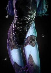 2d accurate_body_type artist_signature black_background blue_body crotch_focus doll elden_ring female female_only fromsoftware head_out_of_frame heart_symbol latex latex_clothing leotard non-human ranni_the_witch shizu_miro simple_background solo solo_female