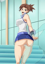 1boy 1girls alyssa_(yu-gi-oh!_duel_links) black_eyes blush brown_hair clothed_sex cum duel_disk female from_behind from_behind_position fully_clothed impossible_clothes miniskirt moaning navy_blue_skirt nipple_bulge obelisk_blue_uniform open_mouth perky_breasts shiny_clothes shiny_skin skirt standing_sex vaginal_penetration wrist_grab yu-gi-oh! yu-gi-oh!_duel_links