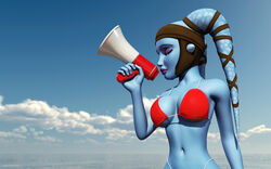 1girls 2014 3d aayla_secura alien alien_girl arms_up artist_name bare_shoulders big_breasts bikini bikini_bottom bikini_top blue_skin busty cleavage clone_wars closed_eyes curvy day detailed_background eyelashes female female_only front_view headgear holding_object hourglass_figure humanoid jedi jedi_master kondaspeter mammal midriff outdoor outside pose posing purple_lips shadow shiny shiny_skin solo standing star_wars swimsuit thong twi'lek underboob voluptuous wide_hips