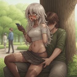, ai_assisted, ai_generated amputee bright_hair, edited outdoors outside, vitiligo vitiligo_skin,