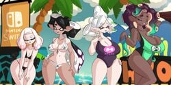 4girls amiibo bare_arms bare_legs bare_midriff bare_shoulders barely_contained beach bent_arm big_breasts bikini bikini_bottom bikini_top black_bikini black_hair black_swimsuit breast_size_difference breasts callie_(splatoon) chubby cleavage cute dark-skinned_female dark_skin dullvivid fluffernubber gray_hair green_hair green_swimsuit grey_hair hand_on_hip hands hands_on_hips hands_on_thighs inkling large_breasts leaning_forward light-skinned_female light_skin logo long_hair looking_at_another marie_(splatoon) marina_(splatoon) midriff mostly_nude multiple_girls navel nintendo nintendo_switch octoling pearl_(splatoon) pink_hair pointy_ears pose posing purple_hair purple_swimsuit short_hair sign size_difference skimpy smooth_skin splatoon splatoon_2 squid_sisters swimsuit tan tanlines teeth tentacle_hair thick thick_thighs water white_bikini white_hair white_swimsuit